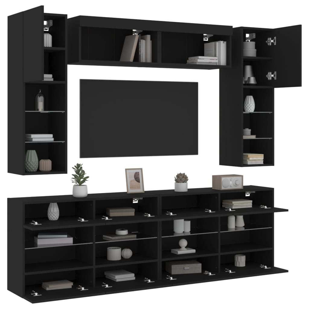 vidaXL Set comode TV de perete, 6 piese, cu lumini LED, negru