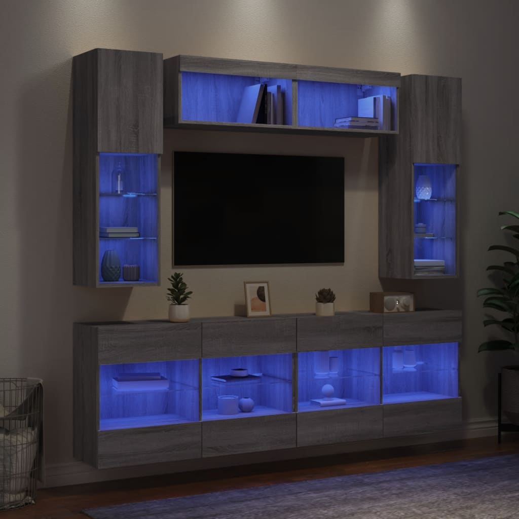 vidaXL Comode TV de perete cu lumini LED, 6 piese, gri sonoma