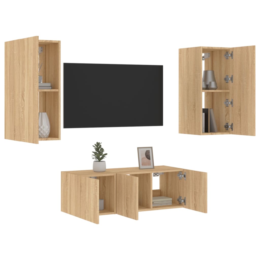 vidaXL tv-møbel til væg 4 dele med LED-lys konstrueret træ sonoma-eg