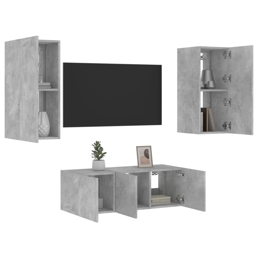 vidaXL tv-møbel til væg 4 dele med LED-lys konstrueret træ betongrå