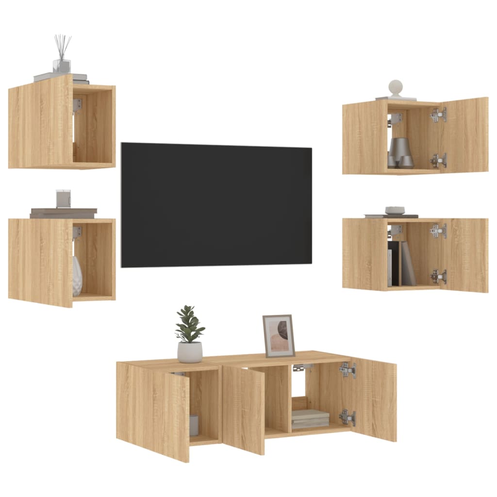 vidaXL Unități de perete TV cu LED-uri, 6 piese, stejar sonoma, lemn LED-uri