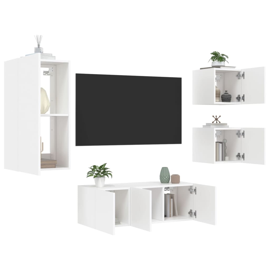 vidaXL Unități de perete TV cu LED-uri, 5 piese, alb, lemn prelucrat