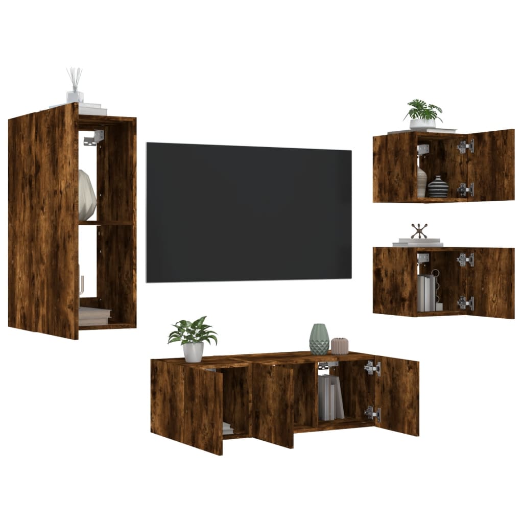 5dílná obývací stěna s LED kouřový dub kompozitní dřevo