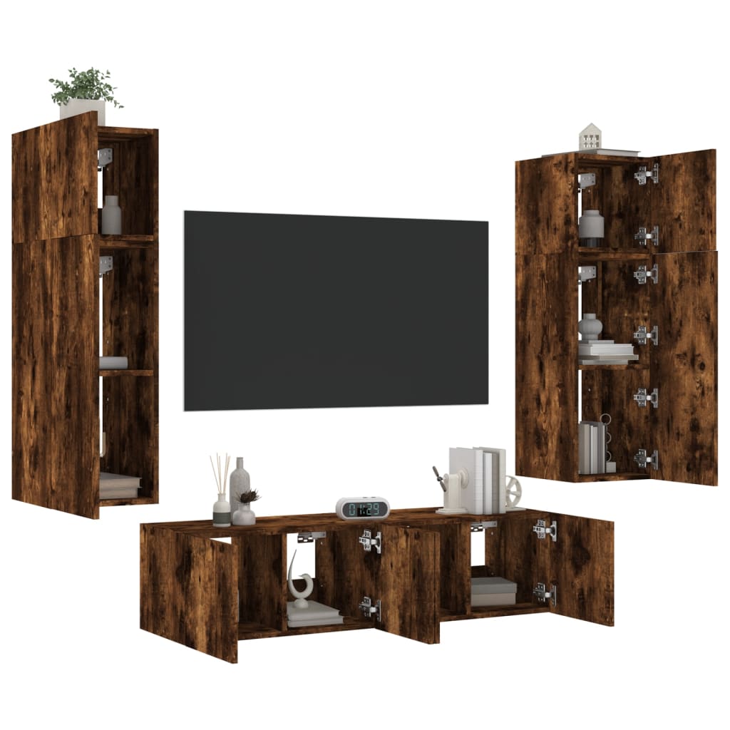 6dílná obývací stěna s LED kouřový dub kompozitní dřevo