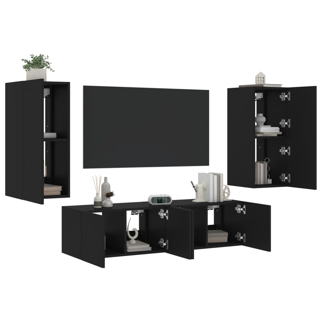 vidaXL Unități de perete TV cu LED-uri, 4 piese, negru, lemn prelucrat