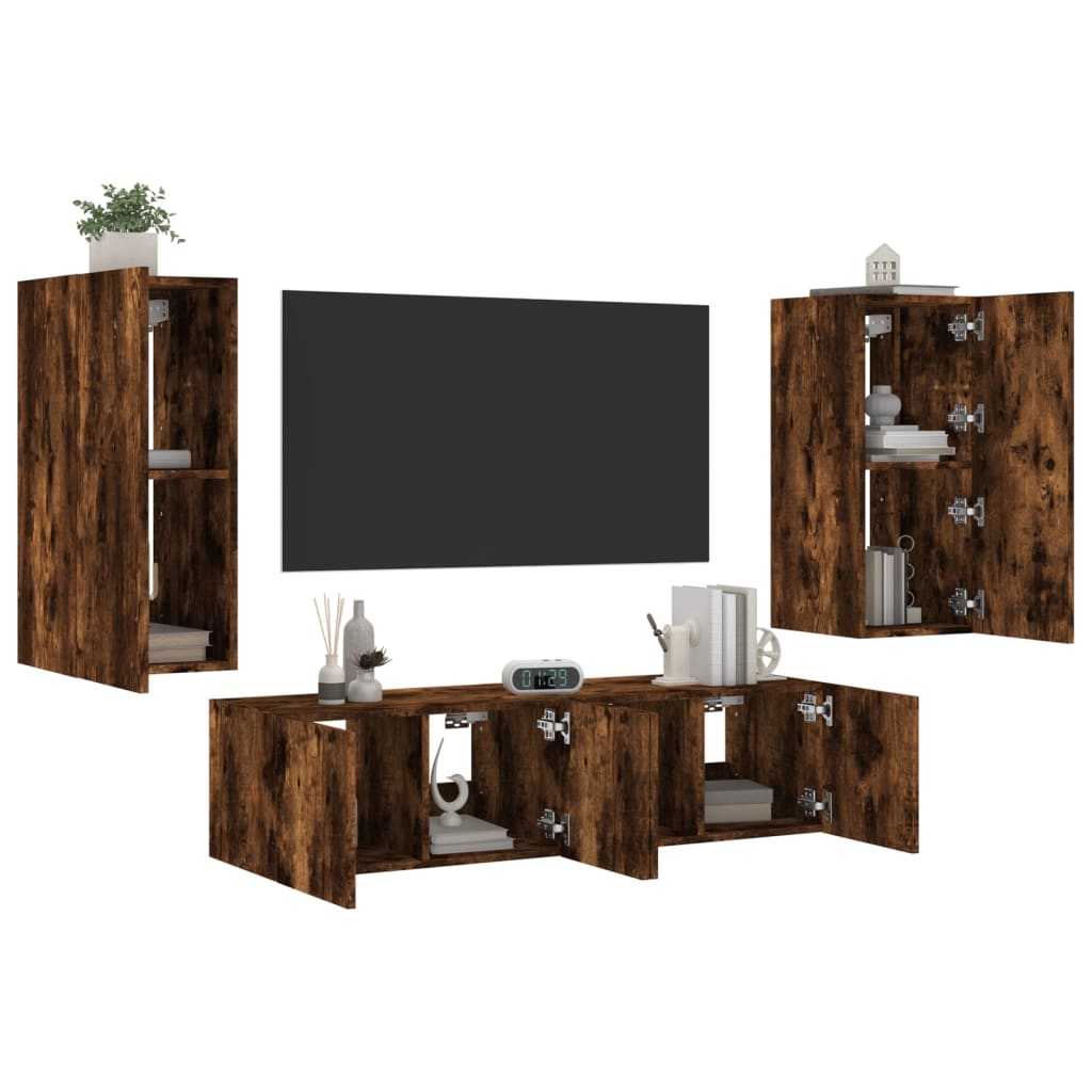 vidaXL Unități de perete TV cu LED-uri, 4 piese, stejar fumuriu, lemn