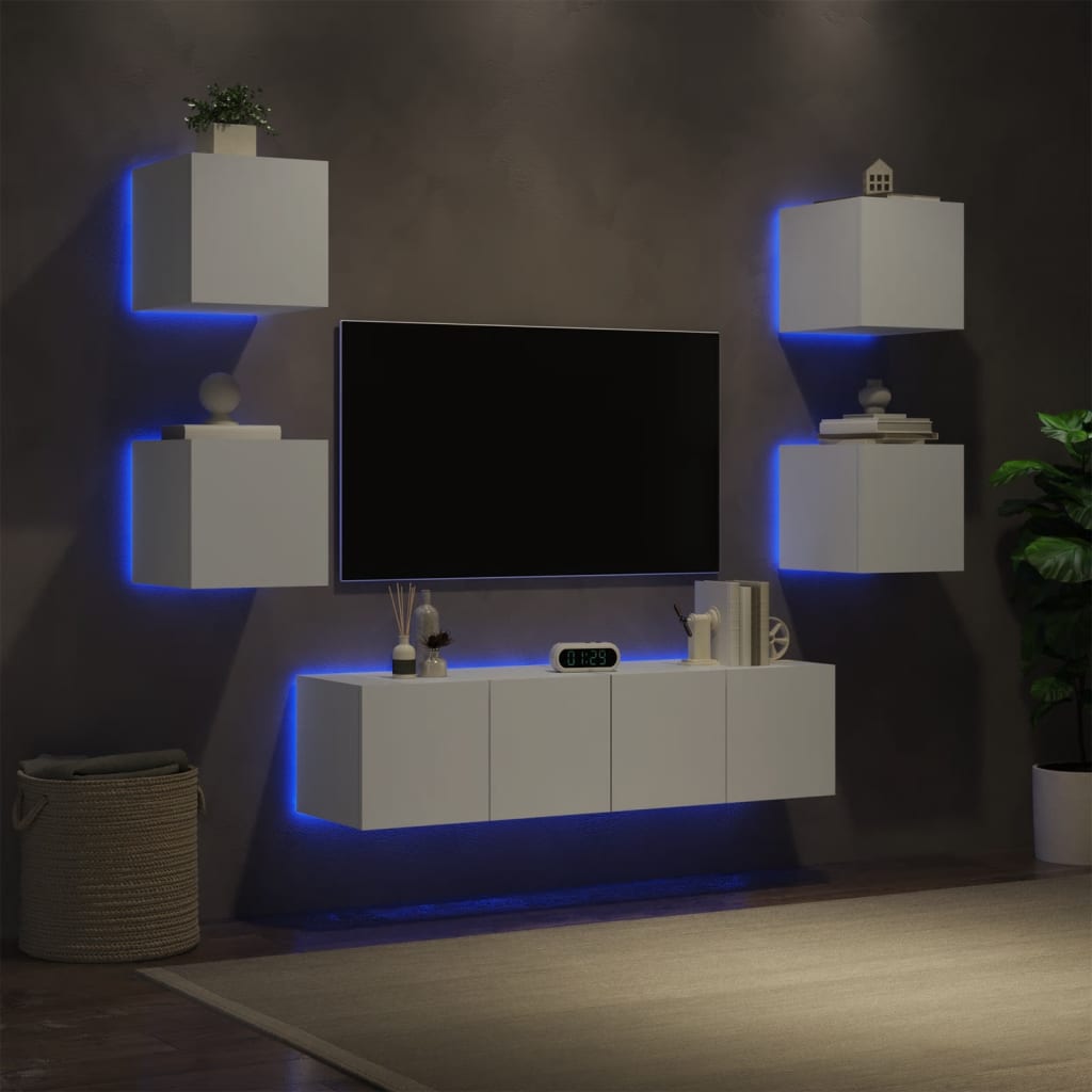 vidaXL tv-møbel til væg 6 dele med LED-lys konstrueret træ hvid