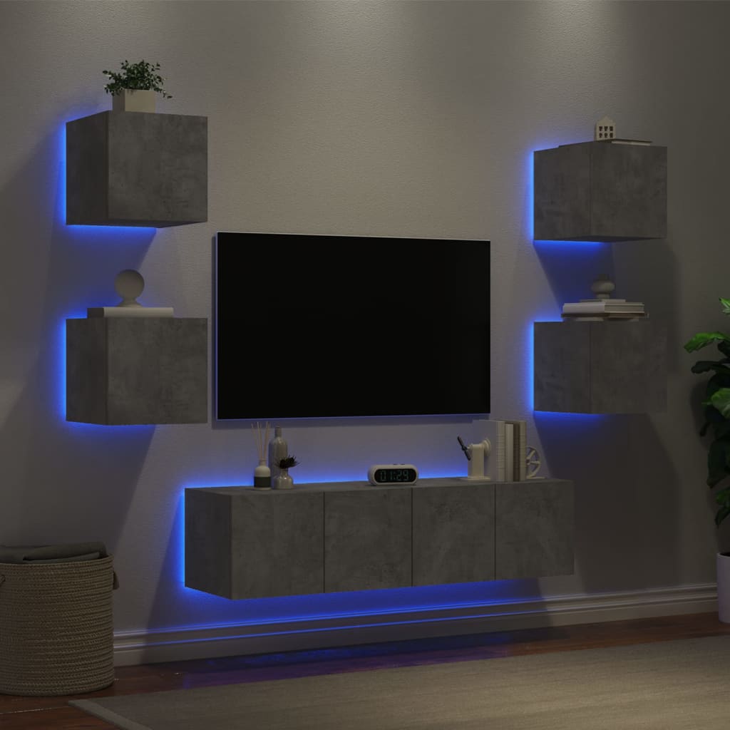 vidaXL Unități TV de perete cu LED-uri 6 piese gri beton lemn compozit