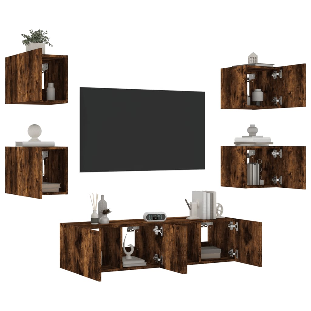 6dílná obývací stěna s LED kouřový dub kompozitní dřevo