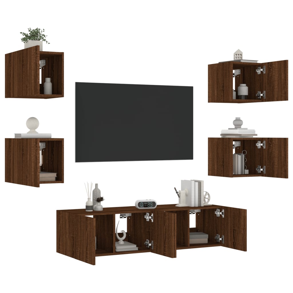 vidaXL tv-møbel til væg 6 dele med LED-lys konstrueret træ brunt eg