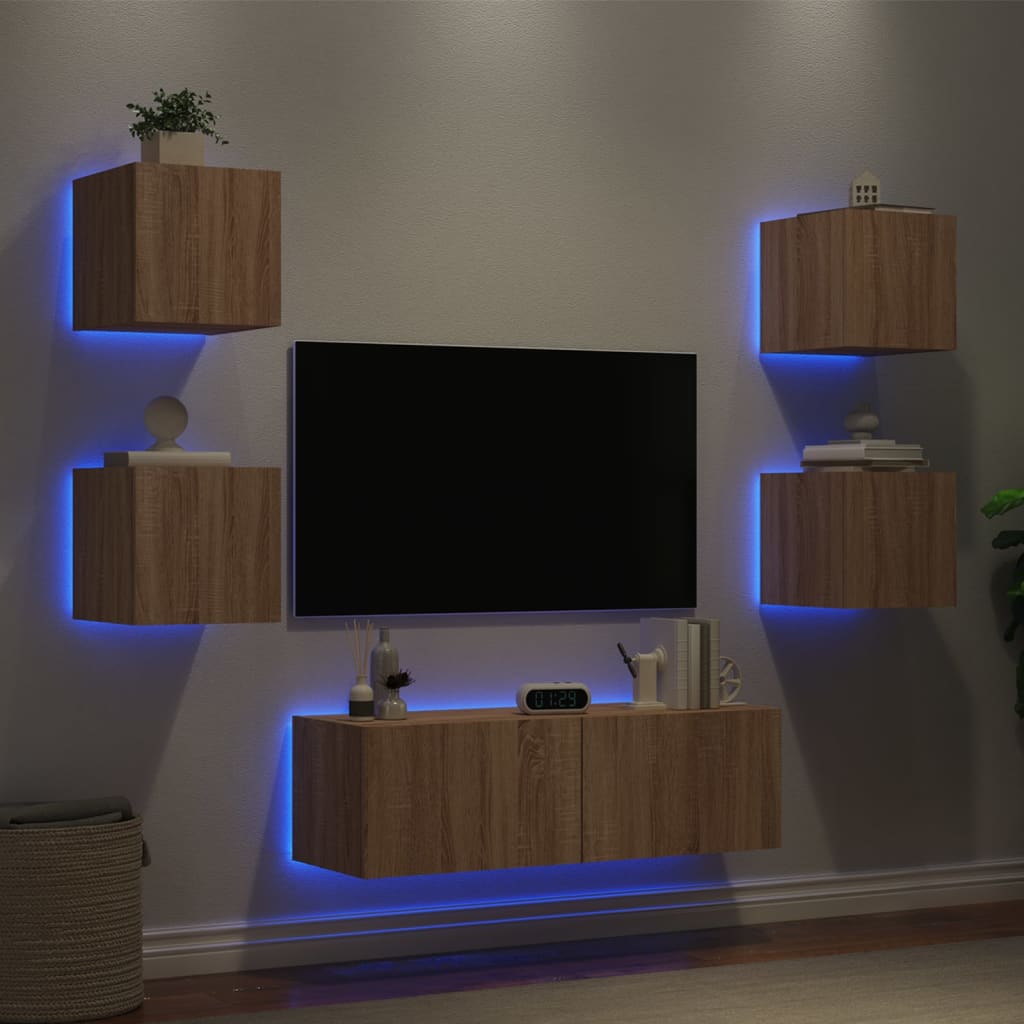 5-tlg. TV-Wohnwand mit LED-Leuchten Sonoma-Eiche