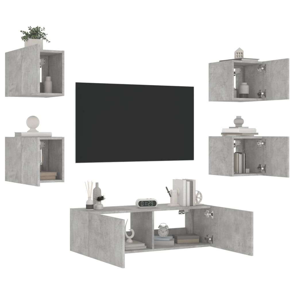 vidaXL væghængt tv-møbel 5 dele med LED-lys betongrå