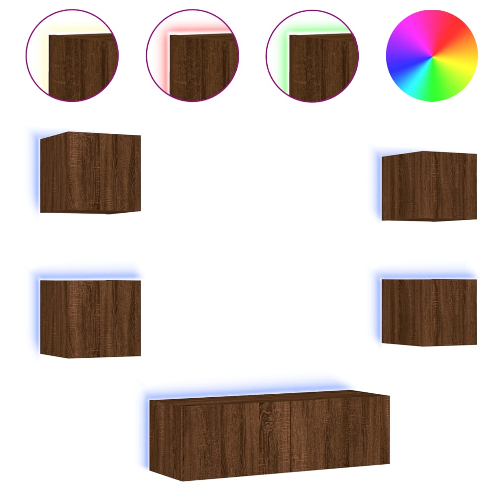 vidaXL 5-dielne TV nástenné skrinky s LED svetlami hnedý dub