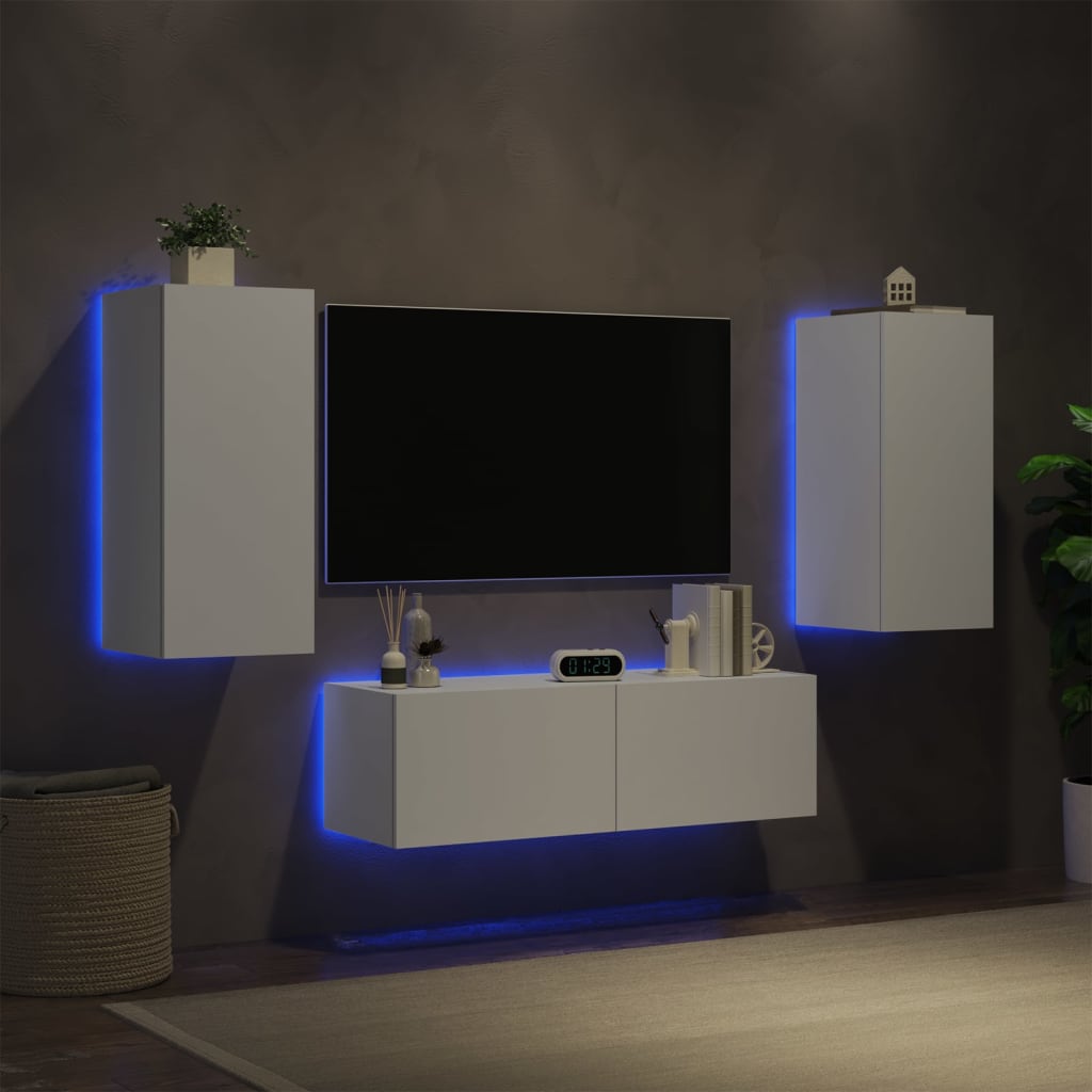 vidaXL Comode TV de perete cu lumini LED, 3 piese, alb