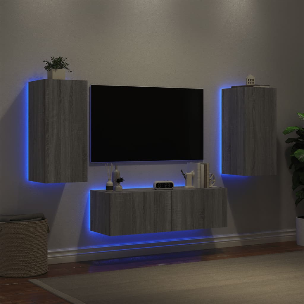 vidaXL Comode TV de perete cu lumini LED, 3 piese, gri sonoma