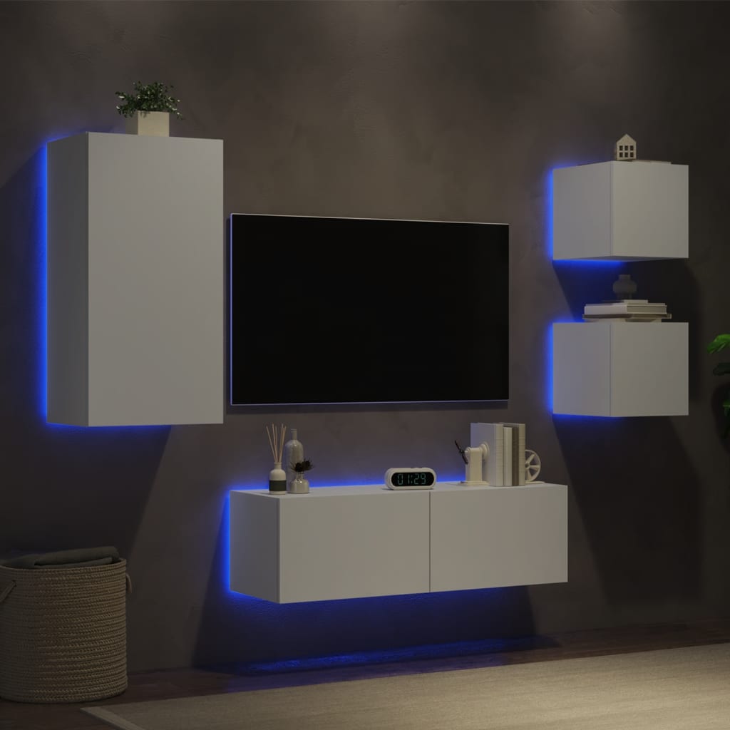 vidaXL Comode TV de perete cu lumini LED, 4 piese, alb