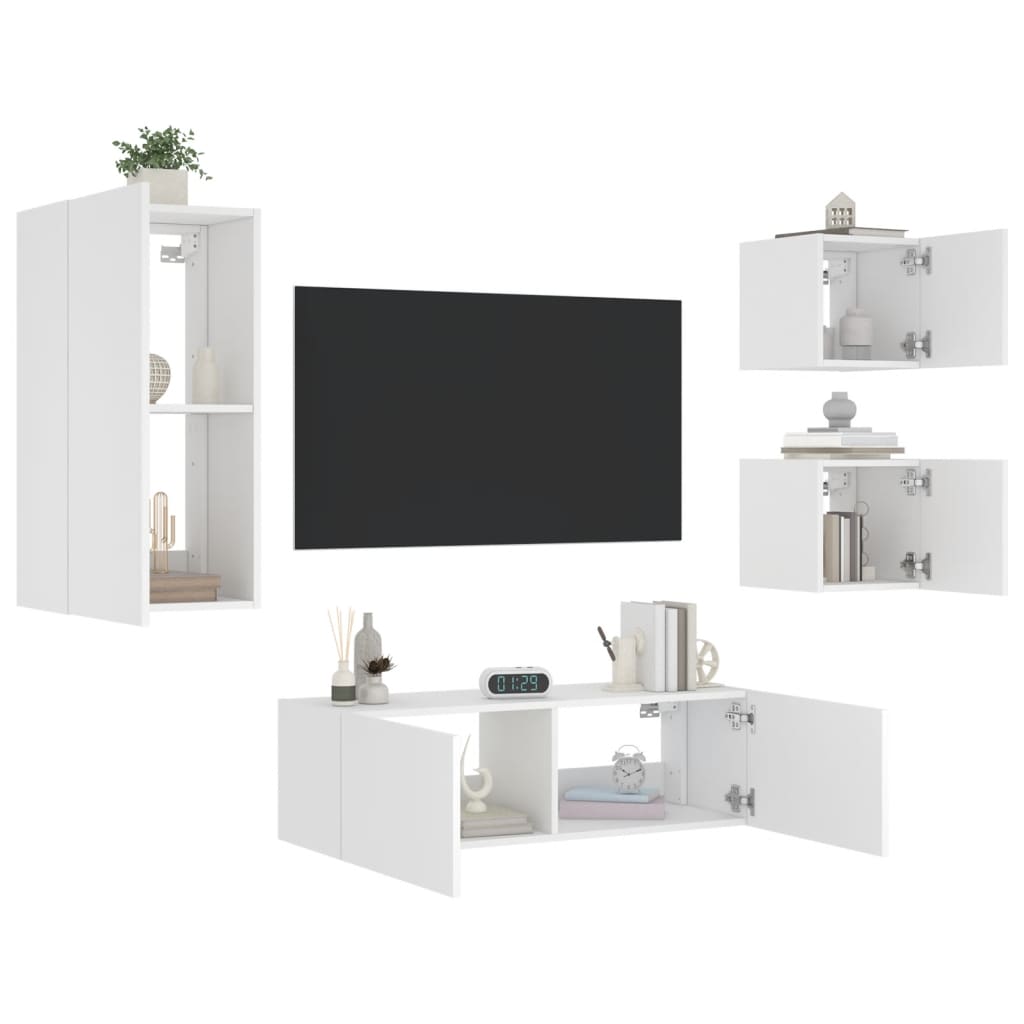 vidaXL tv-møbel til væg med LED-lys 4 dele konstrueret træ hvid