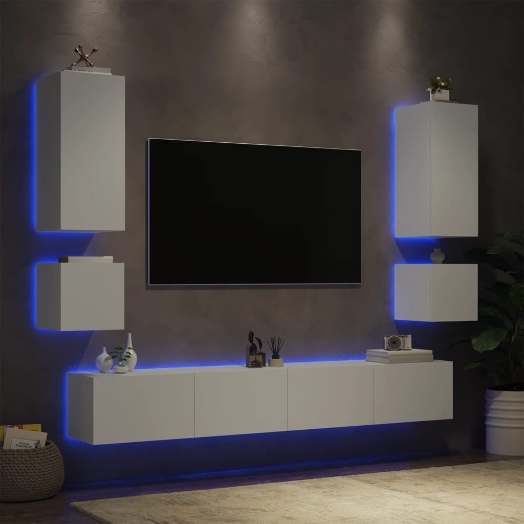 vidaXL Comode TV de perete cu lumini LED, 6 piese, alb