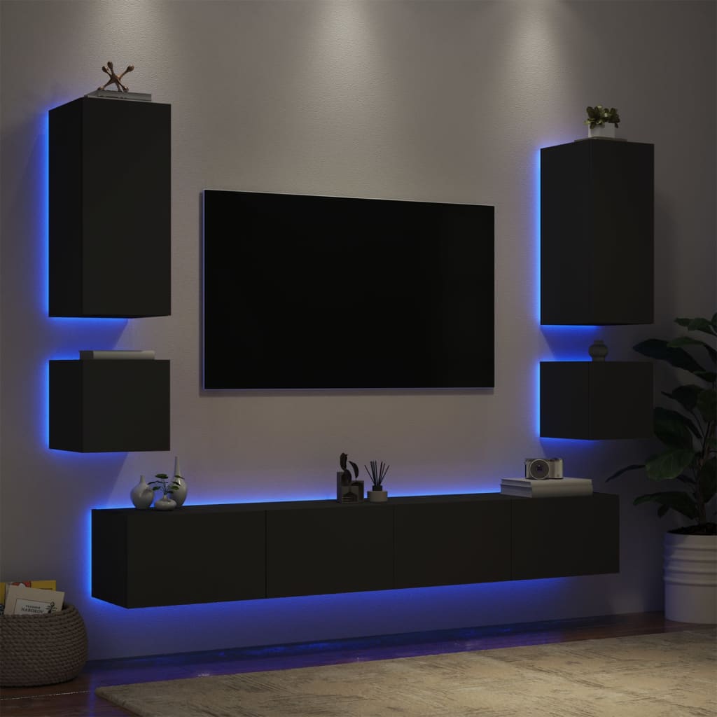 vidaXL Comode TV de perete cu lumini LED, 6 piese, negru