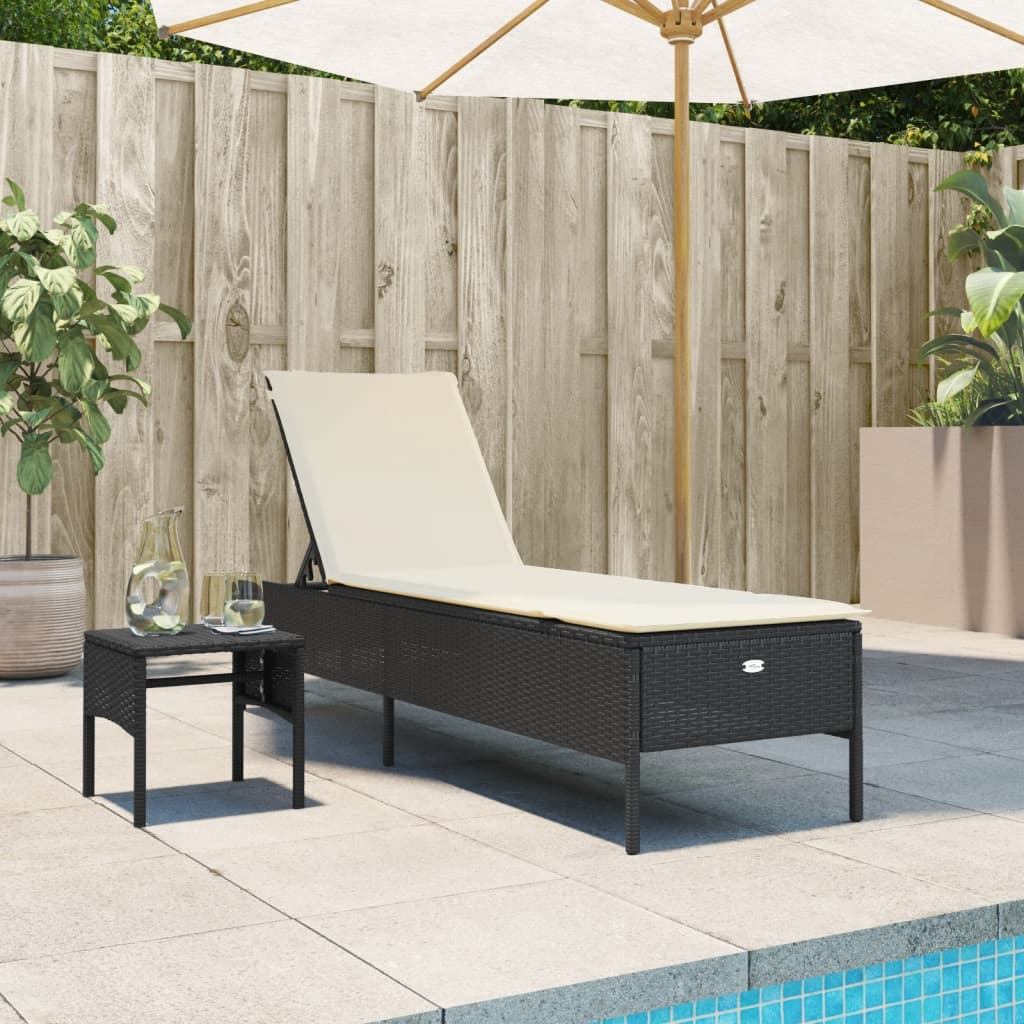 vidaXL Sonnenliege mit Tisch und Auflage Schwarz Poly-Rattan