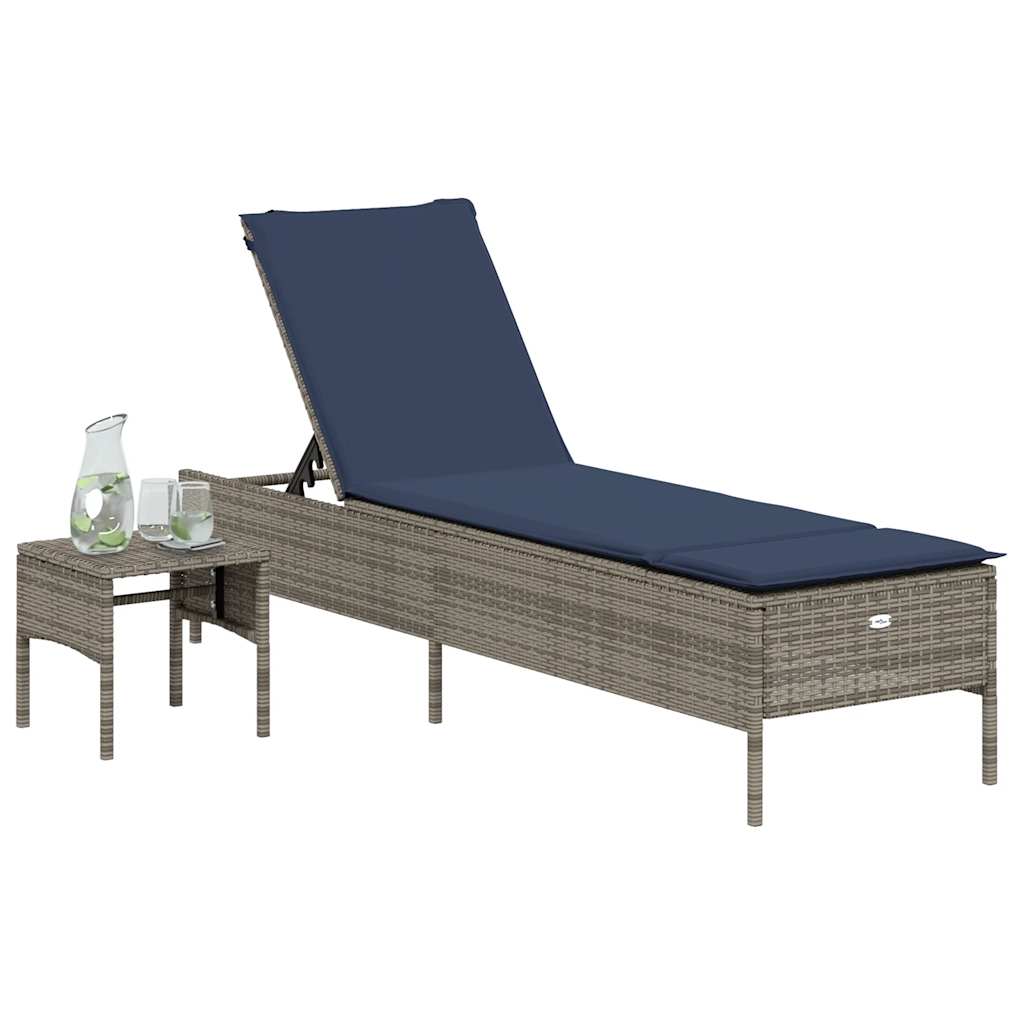 vidaXL Ligstoel met tafel en kussen, grijs polyrotan