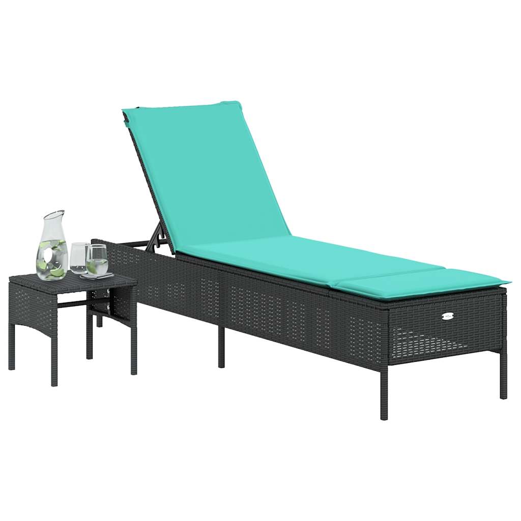 vidaXL Ligstoel met tafel en kussen, zwart polyrotan