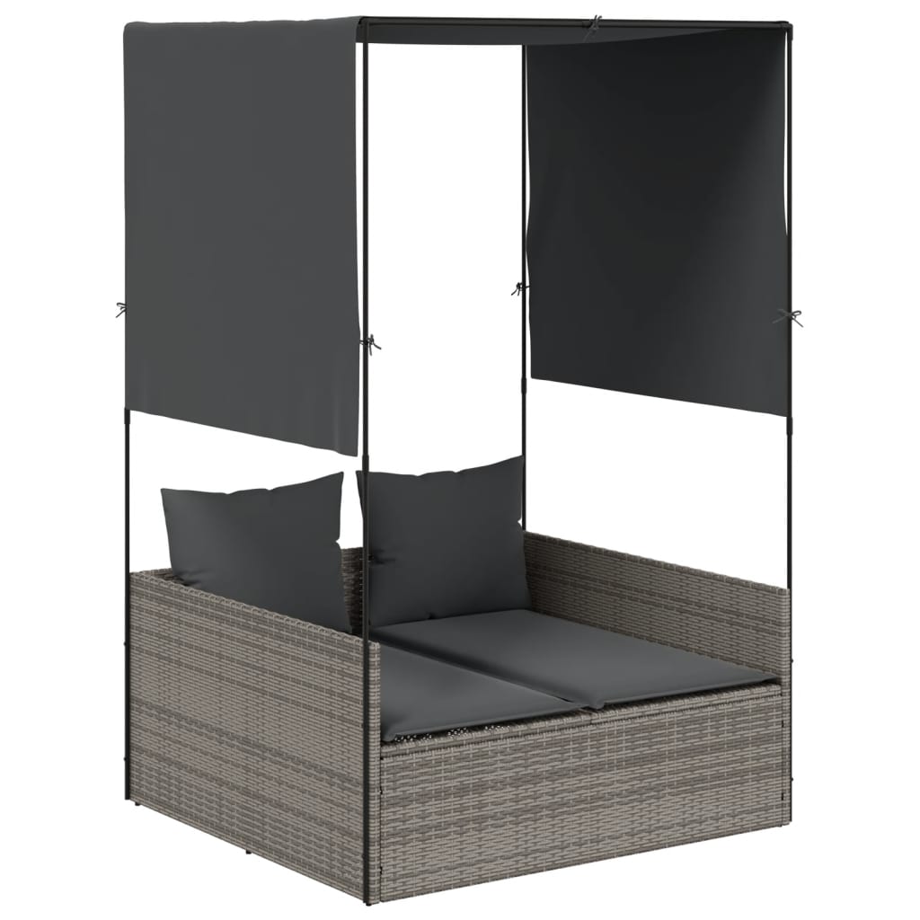 vidaXL Dvojité lehátko se střechou a závěsy šedé polyratan