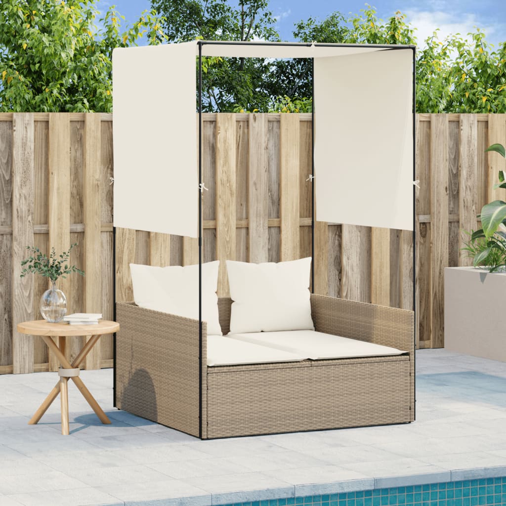 vidaXL Doppel-Sonnenliege mit Dach und Vorhängen Beige Poly Rattan