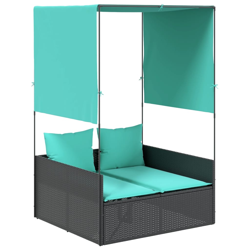 Thumbnail - vidaXL Doppelte Sonnenliege mit Dach und Vorhängen, schwarzes Polyrattan