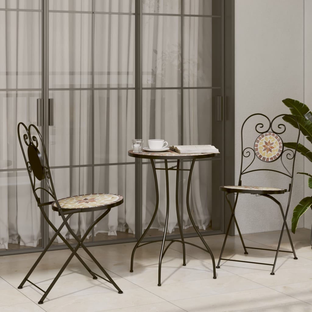 Set of Folding Mosaic Bistro Chair Black White Garden Patio