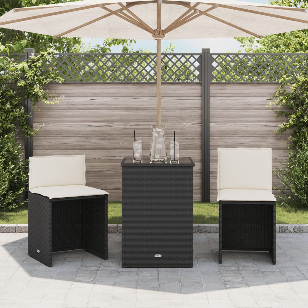 vidaXL 3-delige Bistroset met kussens poly rattan zwart afbeelding