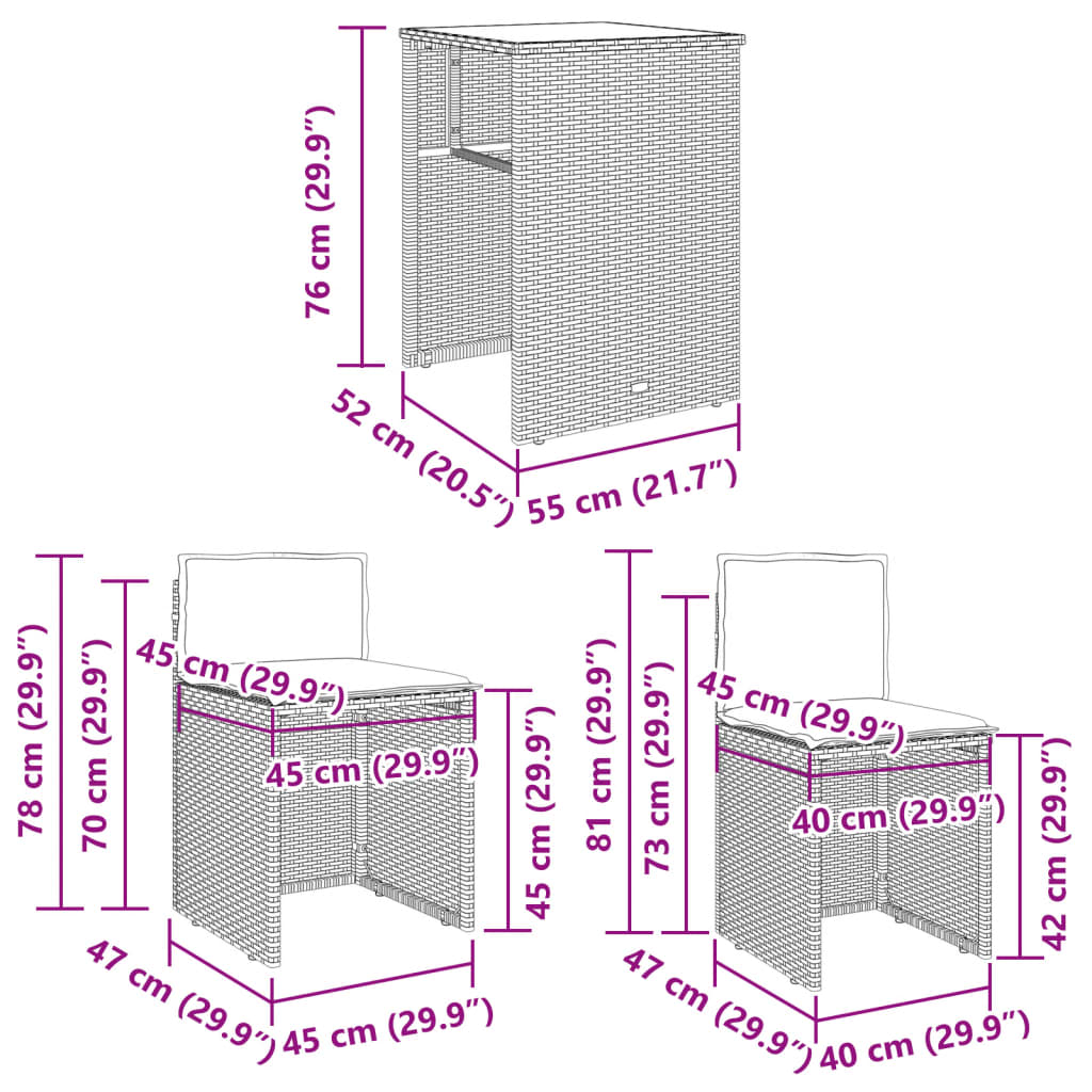 imagem de vidaXL 3 pcs conjunto bistrô com almofadões vime PE bege11