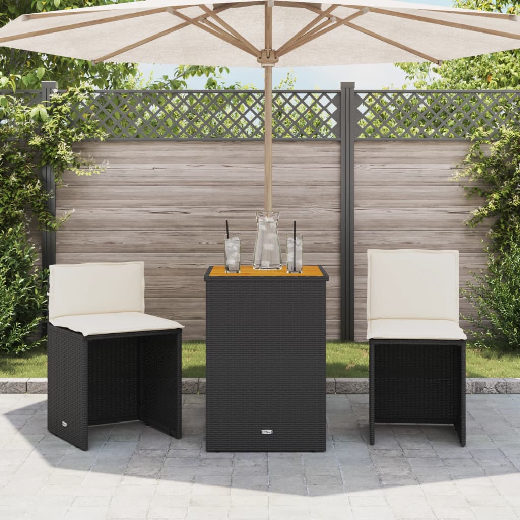 vidaXL 3-delige Bistroset met kussens poly rattan zwart afbeelding