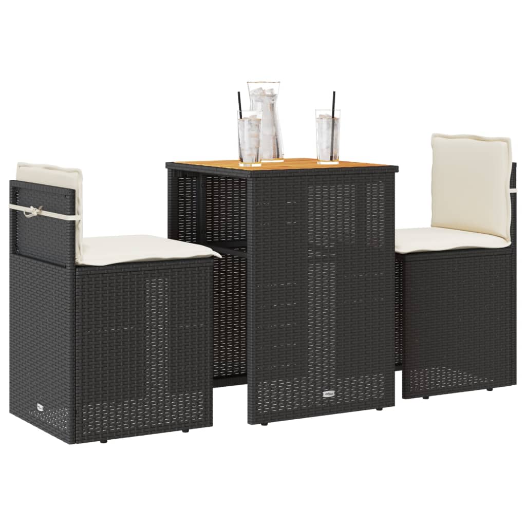 vidaXL 3-tlg. Bistro-Set mit Kissen Schwarz Poly Rattan