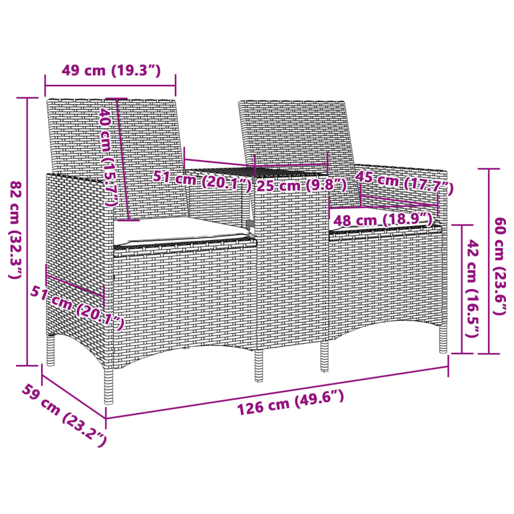 Ogrodowa sofa 2-os. ze stolikiem i poduszkami, czarny rattan PE