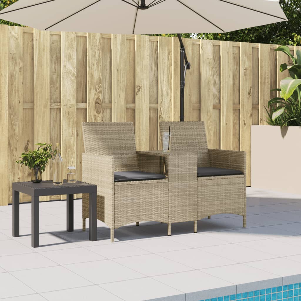 vidaXL Tuinbank 2-zits met tafel en kussens poly rattan lichtgrijs afbeelding