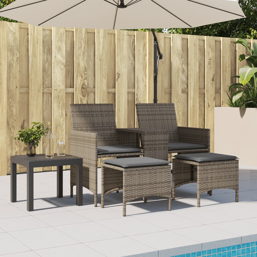 vidaXL Tuinbank 2-zits met tafel en voetenbanken poly rattan grijs afbeelding