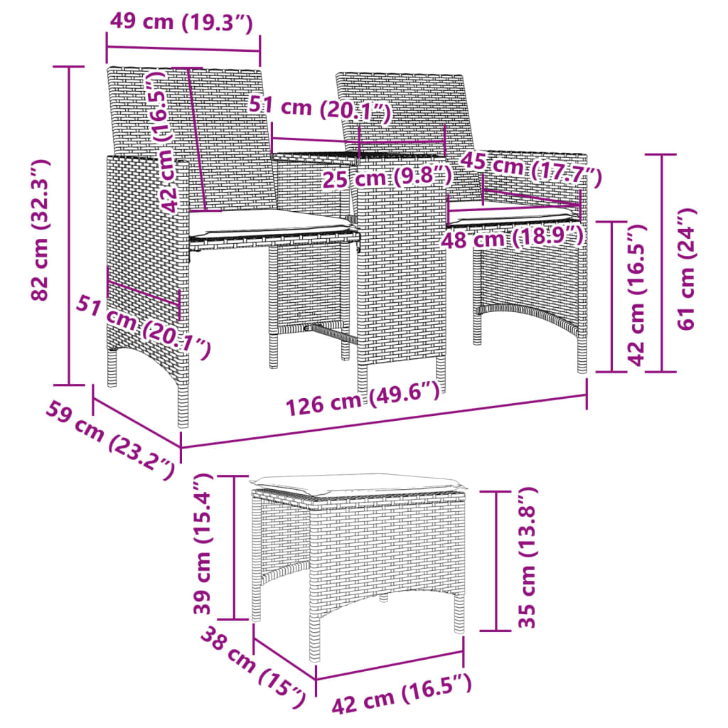 2-os. sofa ogrodowa ze stolikiem i stołkami, jasnoszara