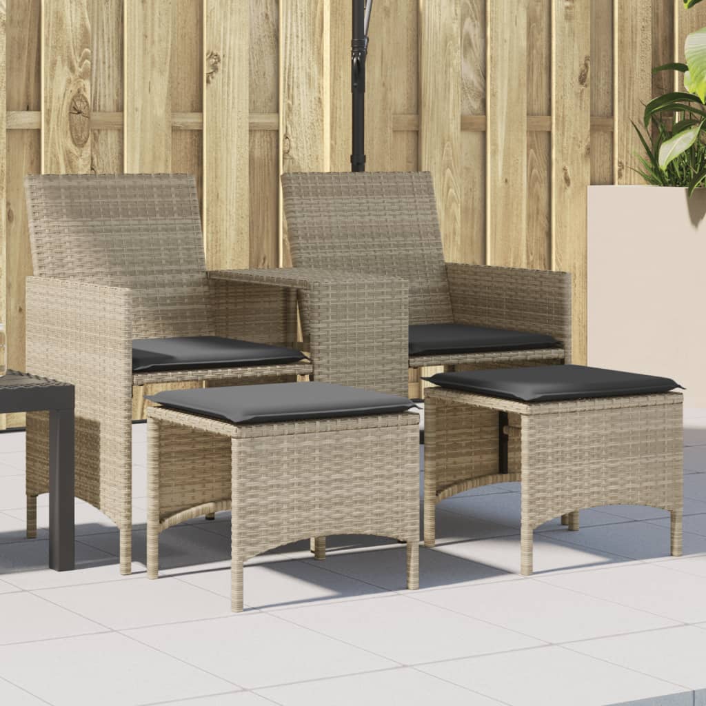 vidaXL Gartensofa 2-Sitzer mit Tisch und Hockern Hellgrau Poly Rattan