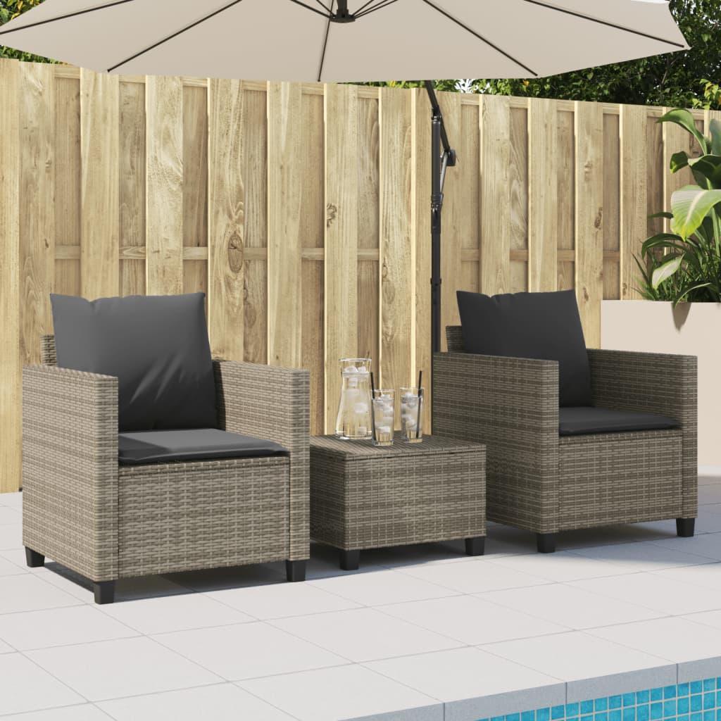 vidaXL 3-delige Bistroset met kussens poly rattan grijs afbeelding