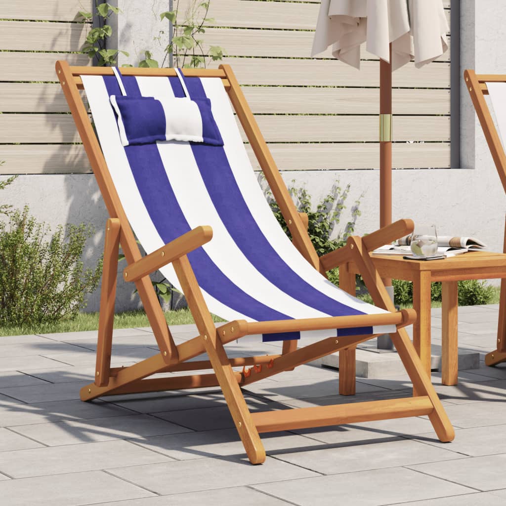 vidaXL Strandstuhl Klappbar Blau Weiß Massivholz Eukalyptus und Stoff