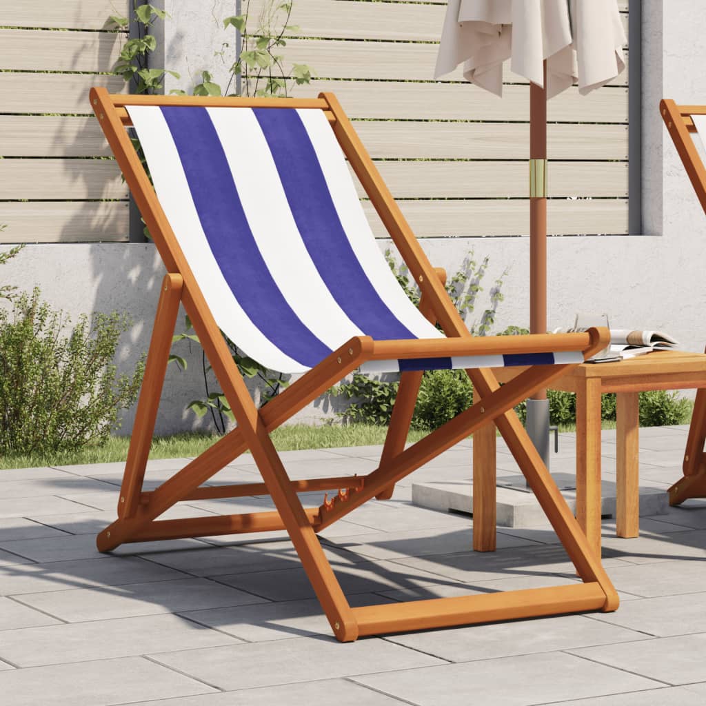 vidaXL Strandstuhl Klappbar Blau Weiß Massivholz Eukalyptus und Stoff