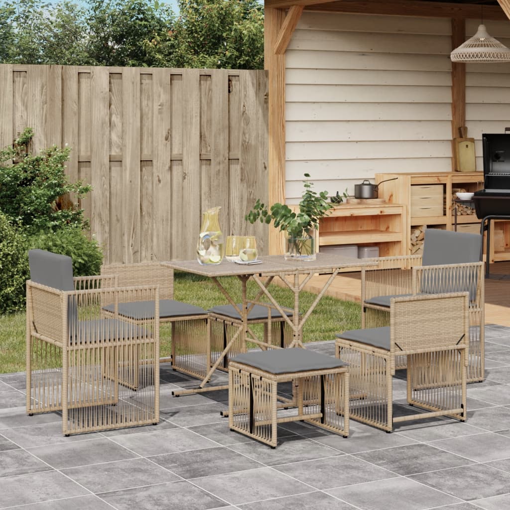 vidaXL 7-tlg. Garten-Essgruppe mit Kissen Beige Poly Rattan