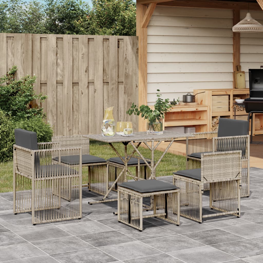 vidaXL 7-tlg. Garten-Essgruppe mit Kissen Hellgrau Poly Rattan