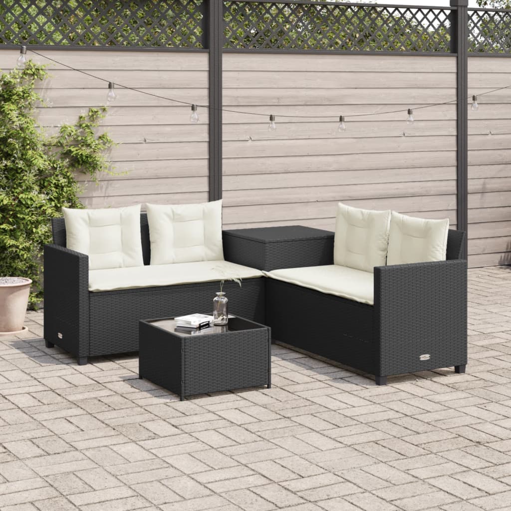 Gartensofa in L-Form mit Tisch und Kissen Schwarz Poly Rattan