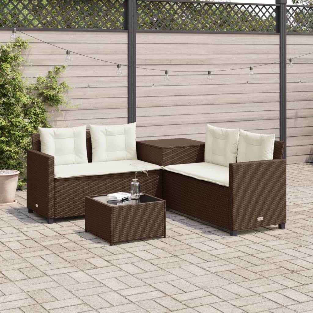 vidaXL Gartensofa in L-Form mit Tisch und Kissen Braun Poly Rattan