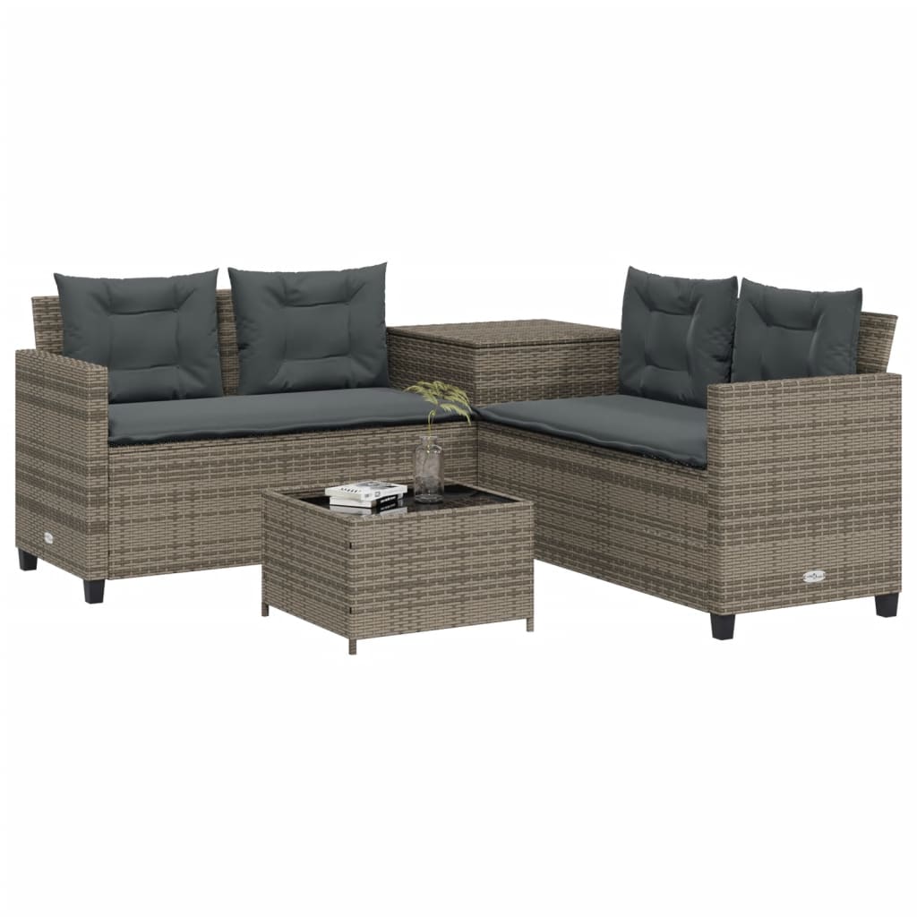 vidaXL Tuinbank met tafel en kussens L-vormig poly rattan grijs afbeelding