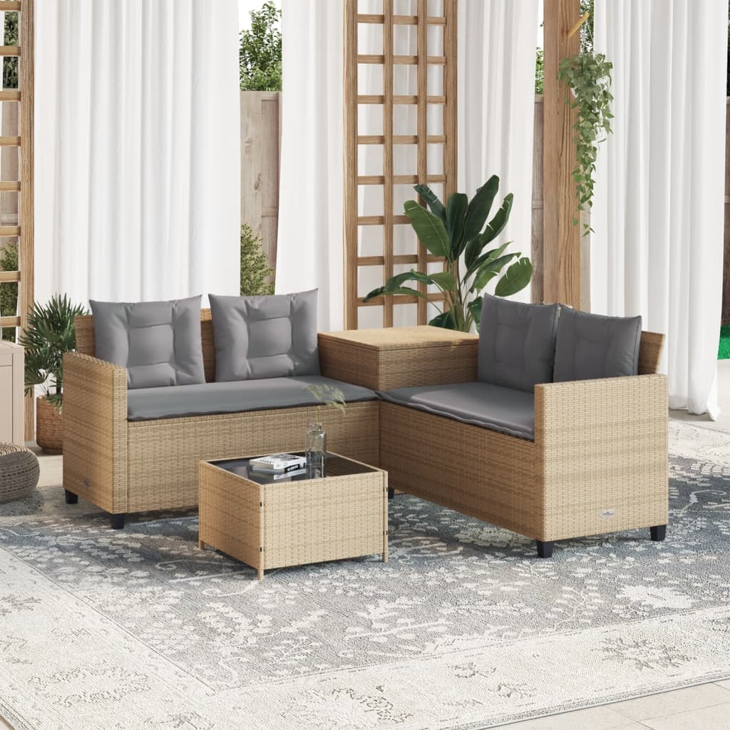 vidaXL Gartensofa in L-Form mit Tisch und Kissen Beige Poly Rattan