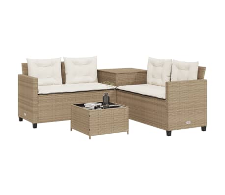 vidaXL Tuinbank met tafel en kussens L-vormig poly rattan beige