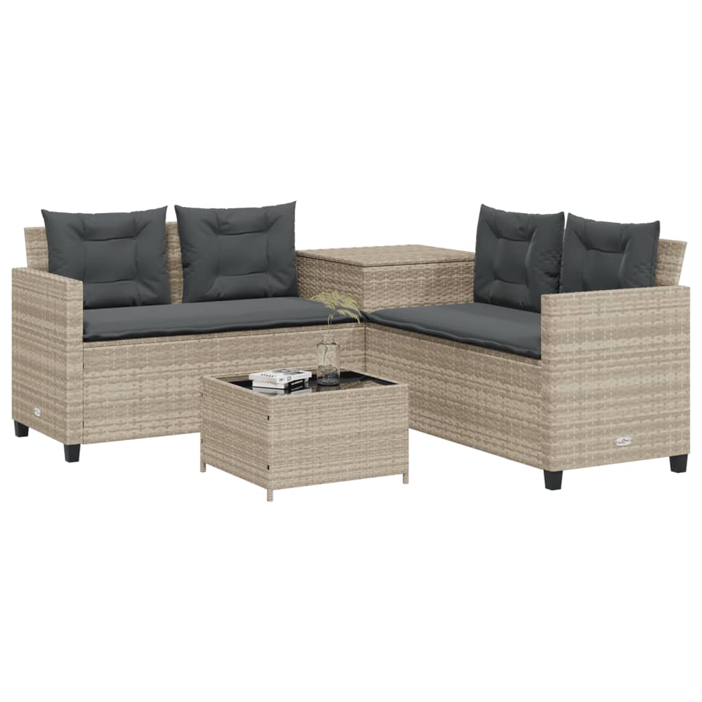 vidaXL Tuinbank met tafel en kussens L-vormig poly rattan lichtgrijs afbeelding
